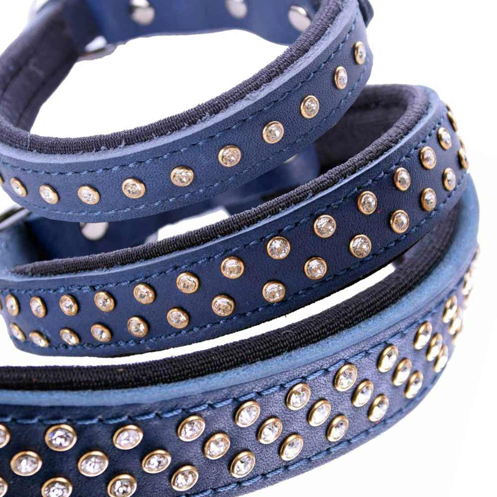 Handgemachtes Swarovski Luxus Lederhundehalsband blau