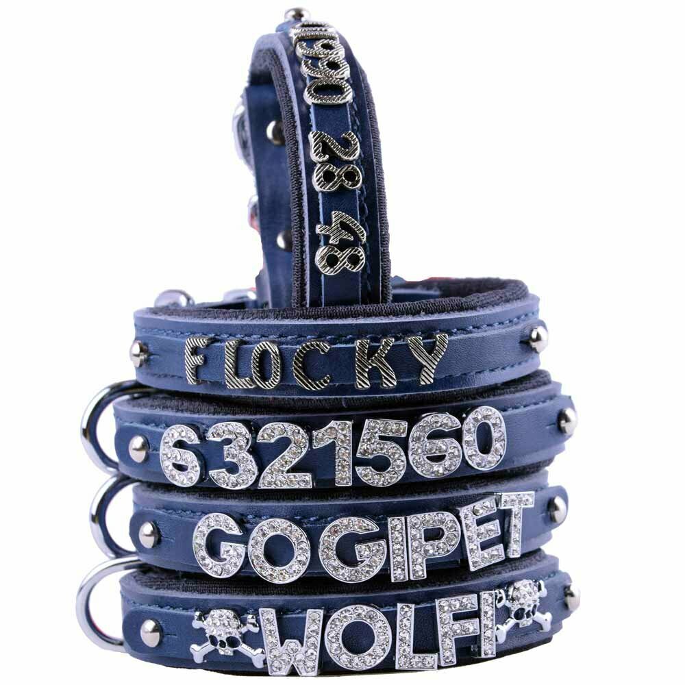 GogiPet® Namenshalsband aus Echtleder blau für Buchstaben und Zahlen
