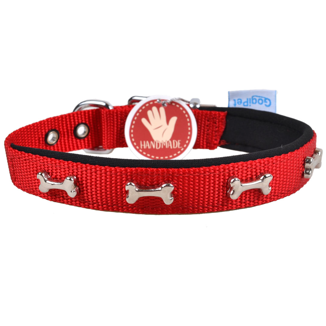 Rotes GogiPet® Komfort Hundehalsband mit Knochen für Halsumfang 30-35cm