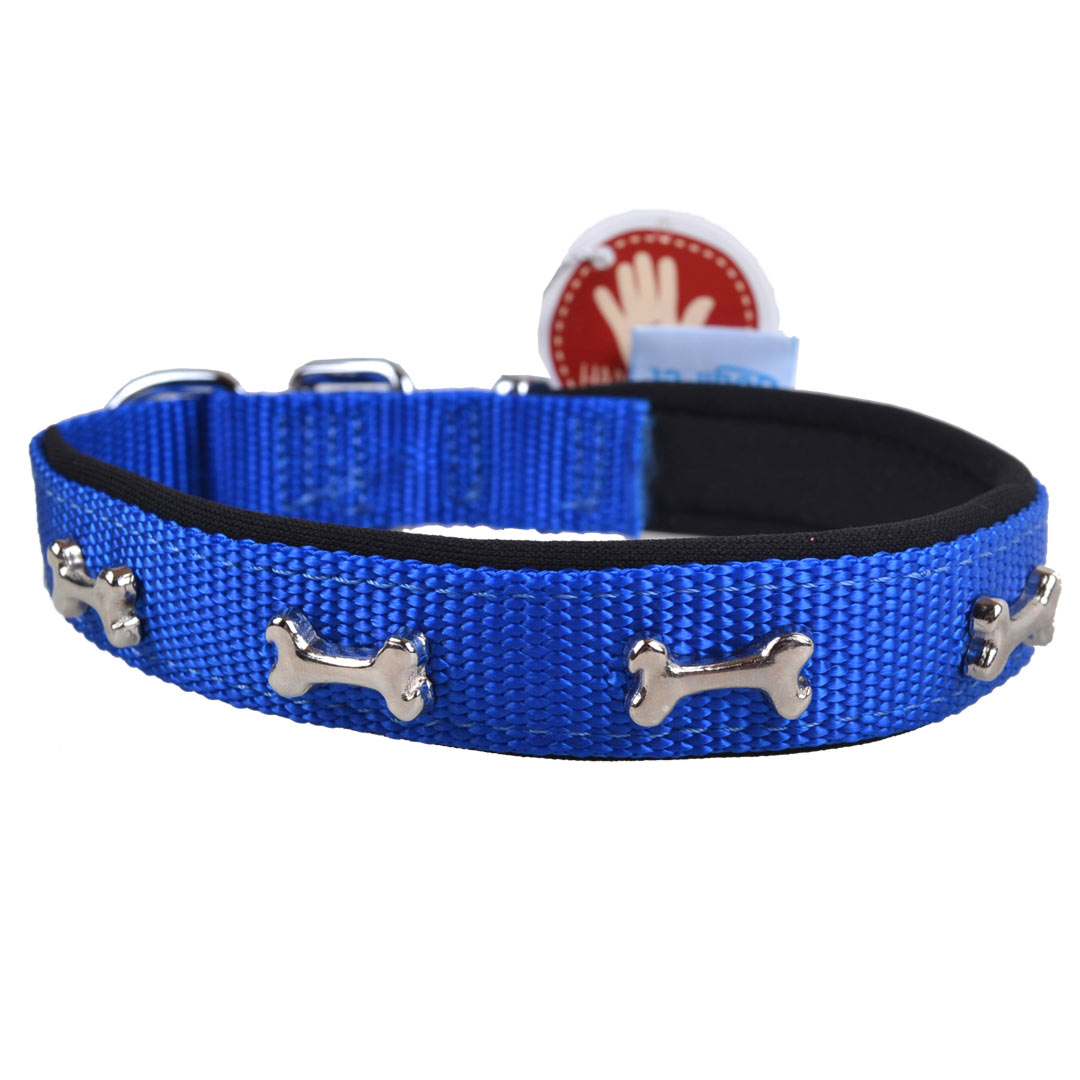 Handgemachtes Premium Hundehalsband blau mit Knochen