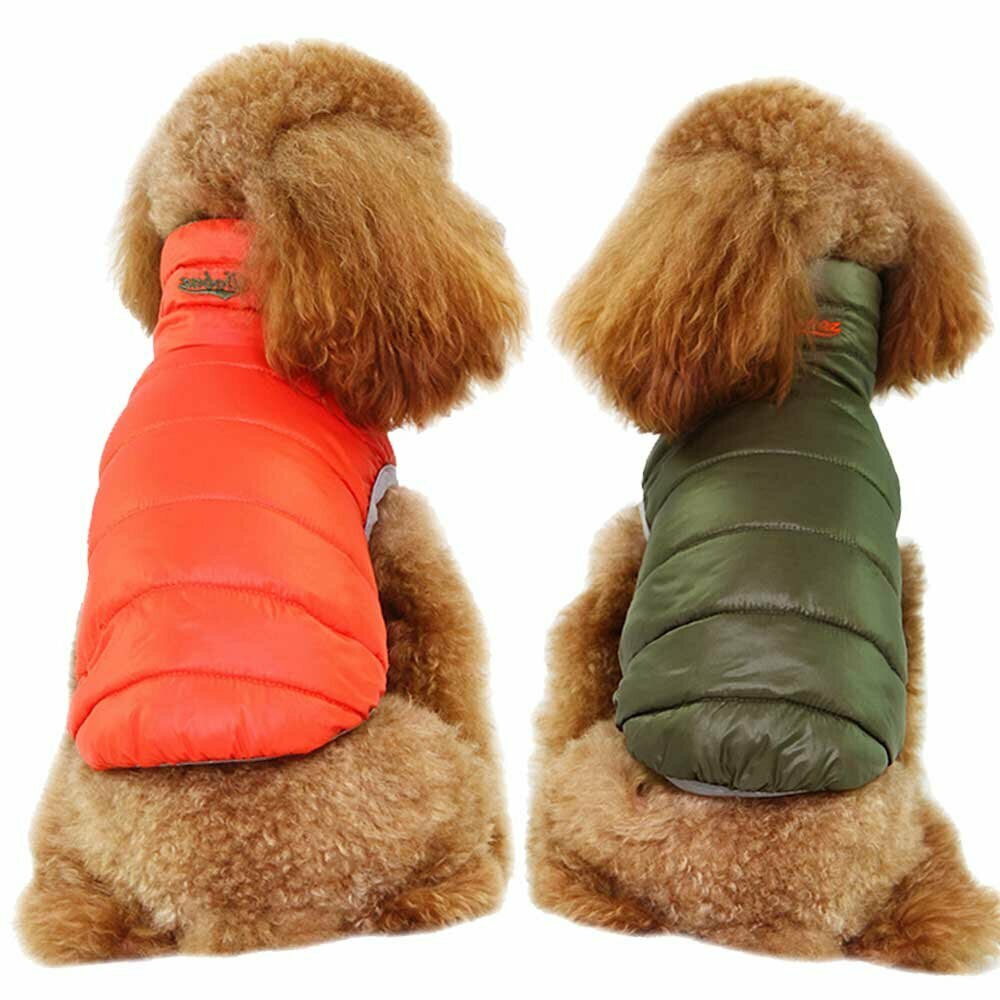 Echte Daunen Wendejacke für Hunde orange & grün - warme Hundebekleidung