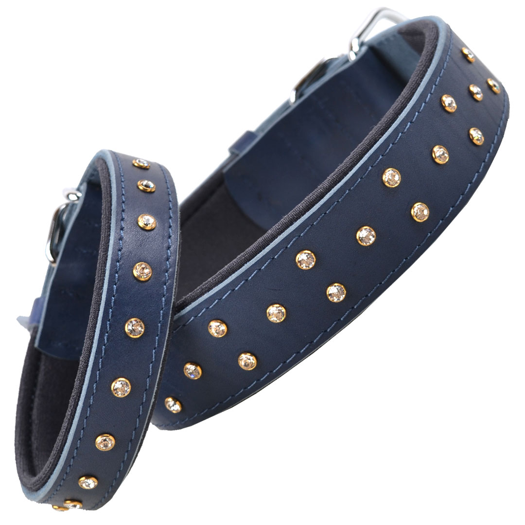 Handgemachtes Swarovski Komfort Lederhundehalsband blau