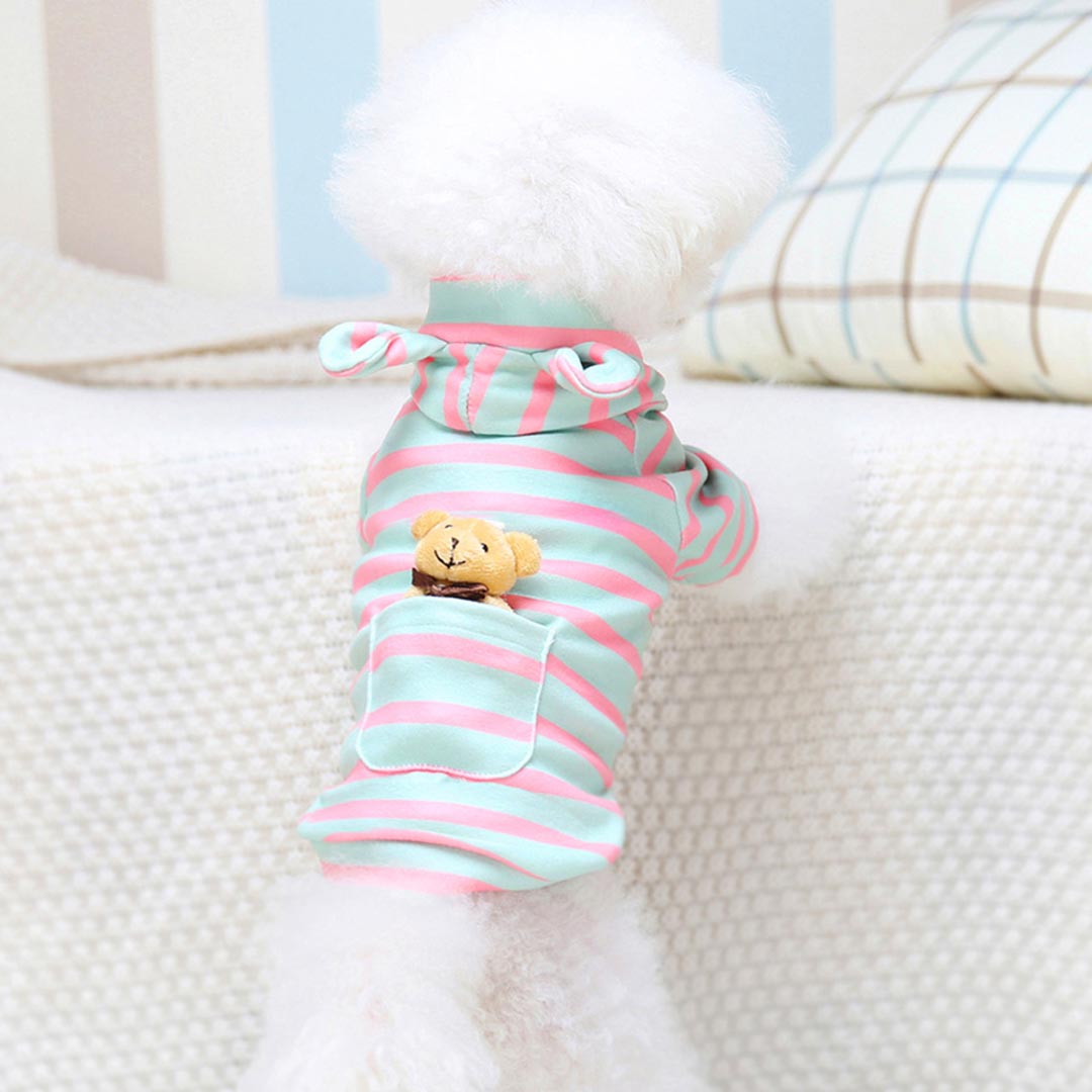 Kapuzen Hundepullover grün-rosa gestreifter Teddybär Hoodie