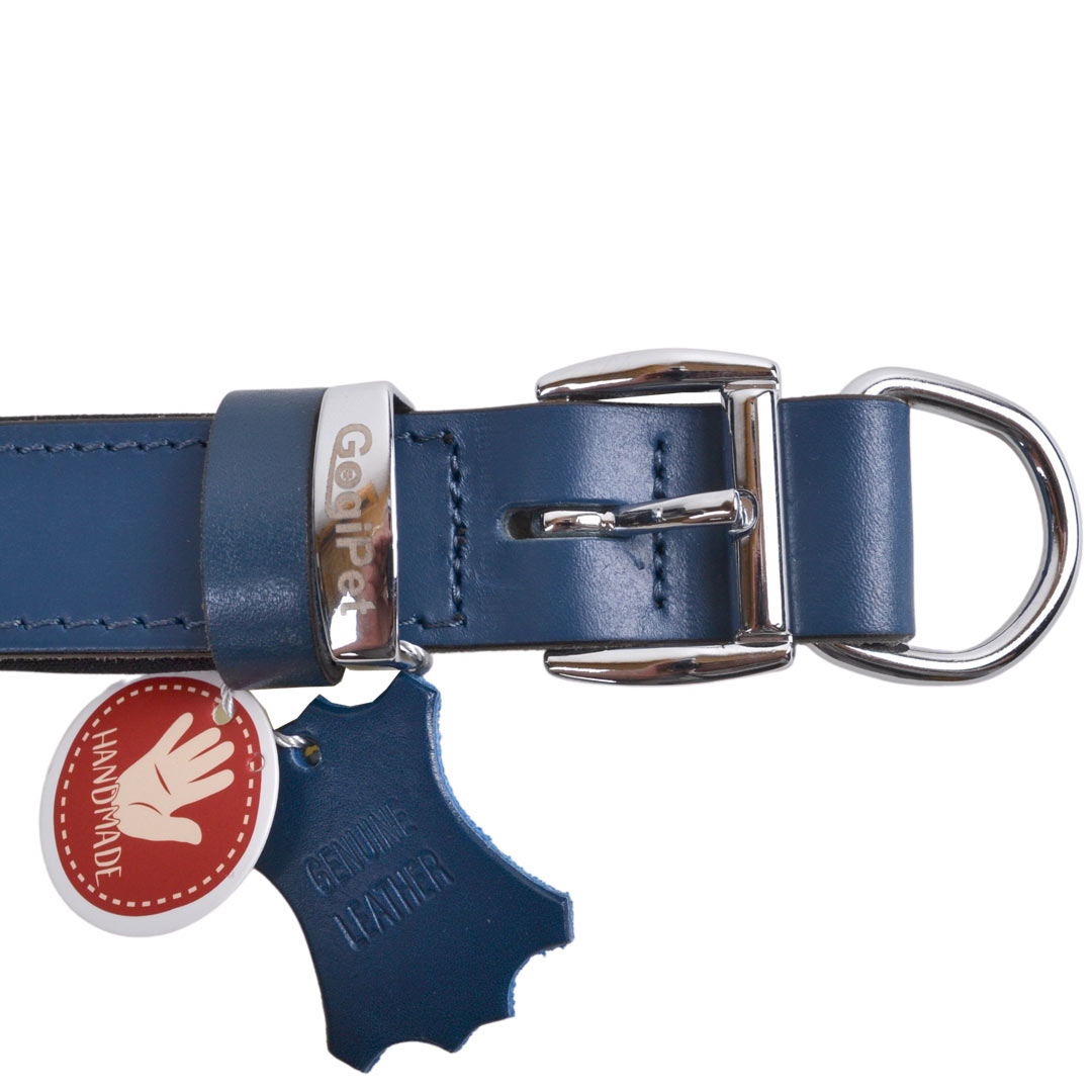 Handgemachte Komfort Hundehalsbänder aus robustem, blauem Leder mit weicher Polsterung
