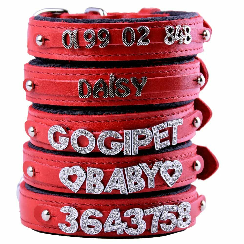 Rote Echtleder Hundehalsbänder zum selbst Gestalten mit Buchstaben und Zahlen als Namenshalsbänder