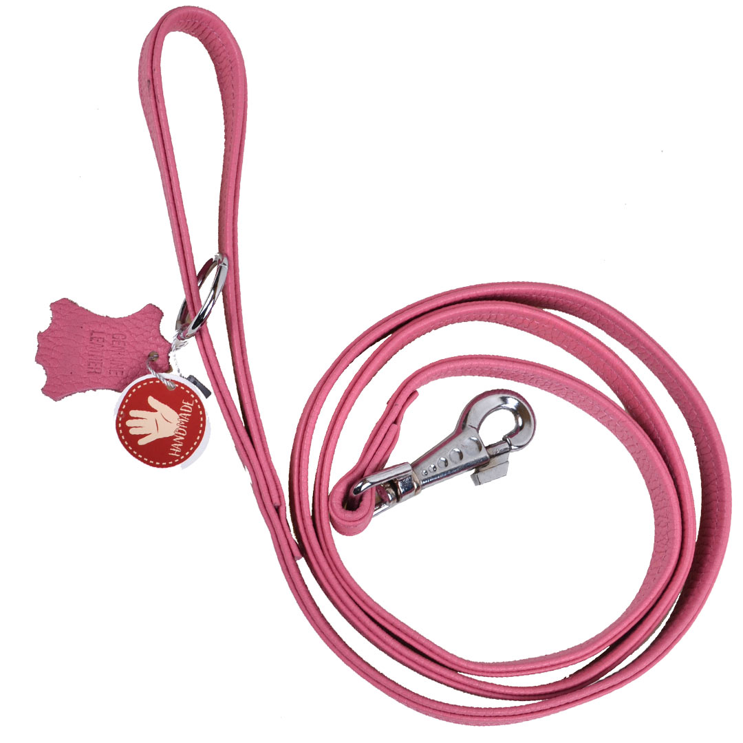 Handgemachte, rosa Floaterleder Hundeleine mit Metallring für den Kotsackerspender