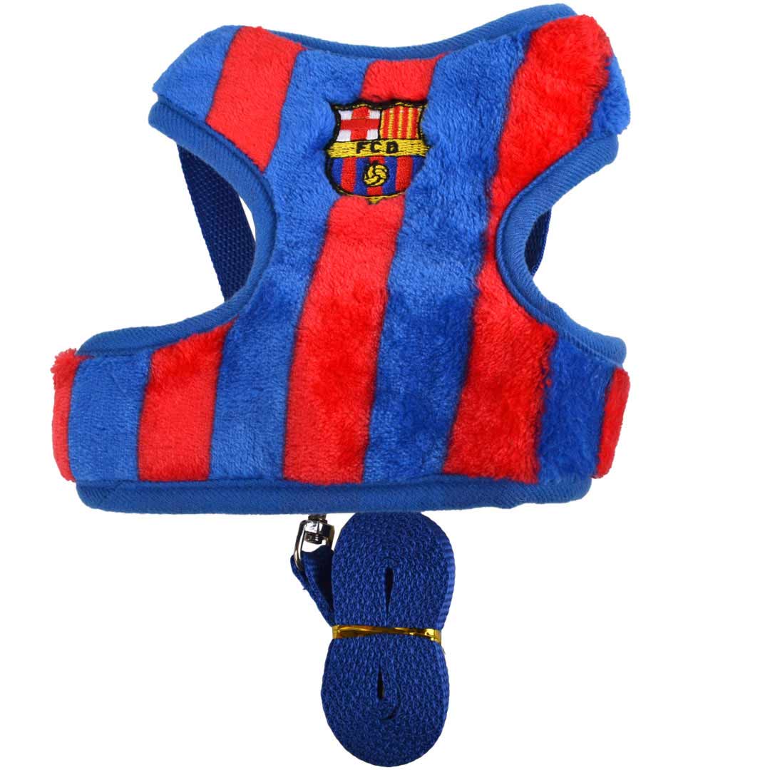 Soft Hundebrustgeschirr FC Barcelona. Fußball Softgeschirr für Hunde mit Hundeleine im Set