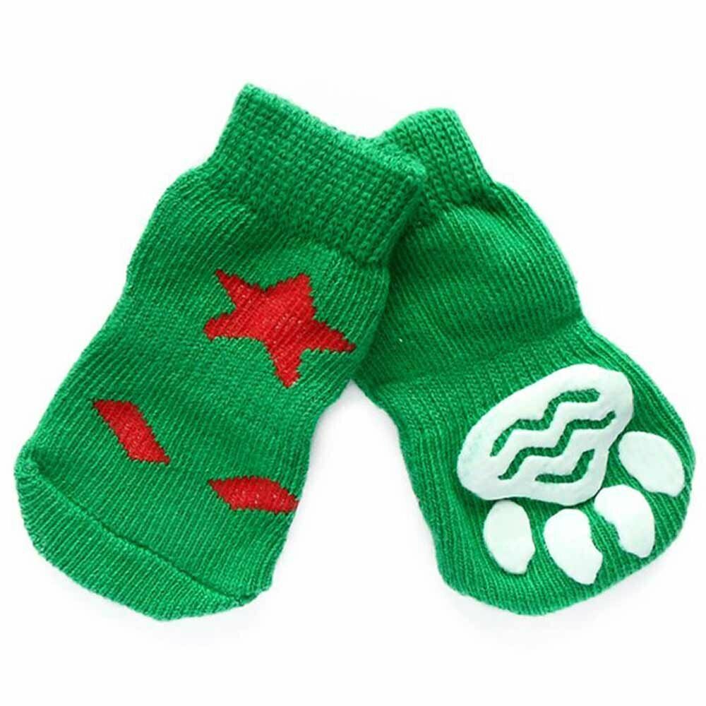 Anti-Rutsch-Hundesocken grün mit rotem Stern