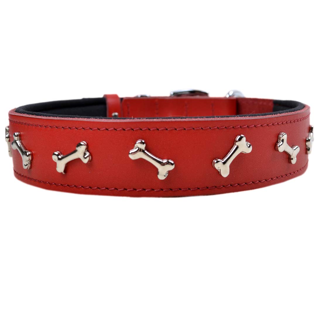 Leder Hundehalsband rot mit weicher Fütterung und Knochen Dekoration von GogiPet