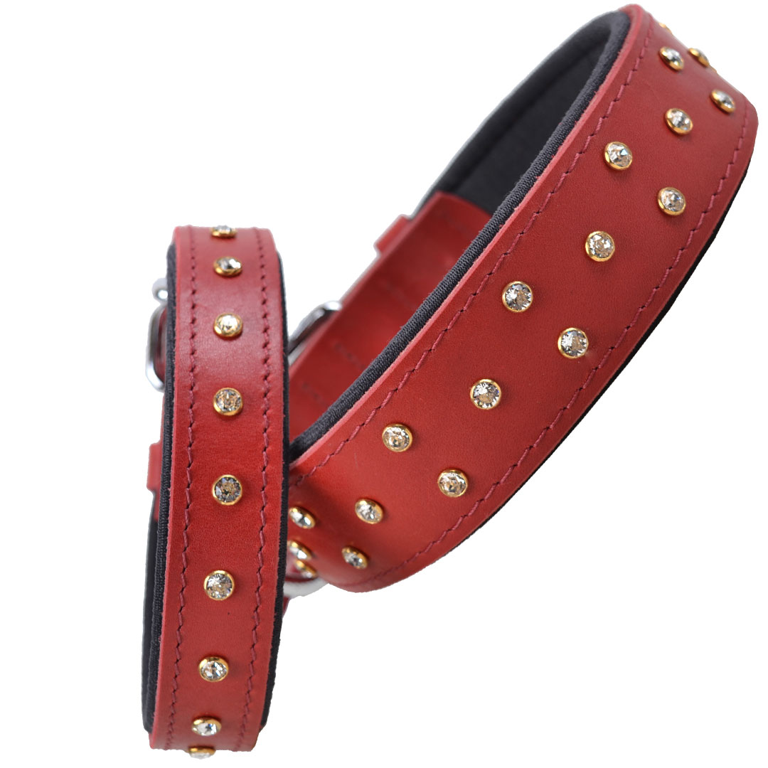 Handgemachtes Swarovski Komfort Lederhundehalsband rot
