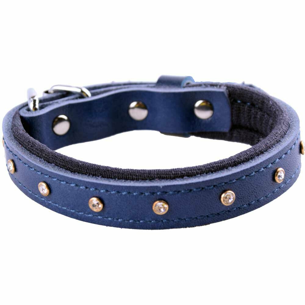 GogiPet® Swarovski Lederhundehalsband blau mit weicher Polsterung
