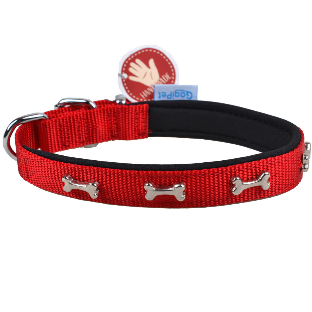 Handgemachtes rotes Hundehalsband von GogiPet mit Knochen