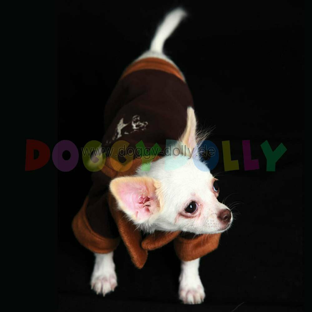 moderne warme Hundebekleidung für kleine Hunde von DoggyDolly W057 - braune Hundejacke mit Panterkopf aus Fleece