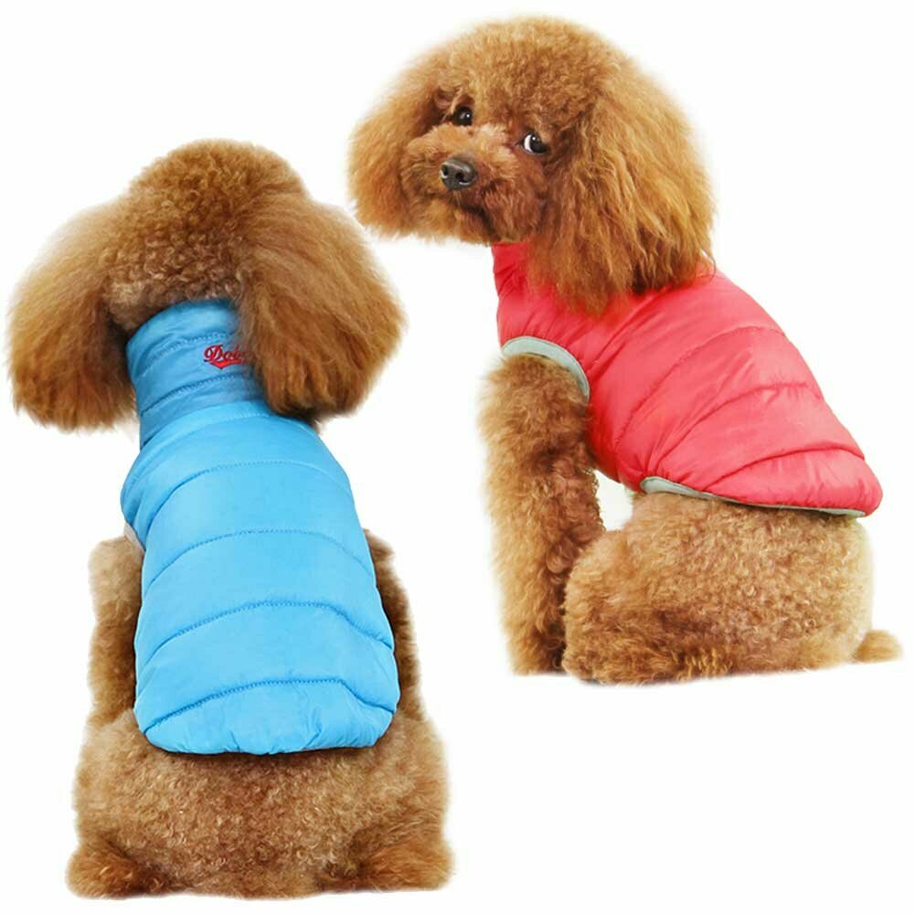 Echte Daunen Wendejacke für Hunde blau & rot - warme Hundebekleidung
