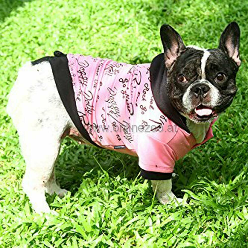 Rock'n Roll Hundepullover pink mit Kapuze FÜR Möpse und französische Bulldoggen