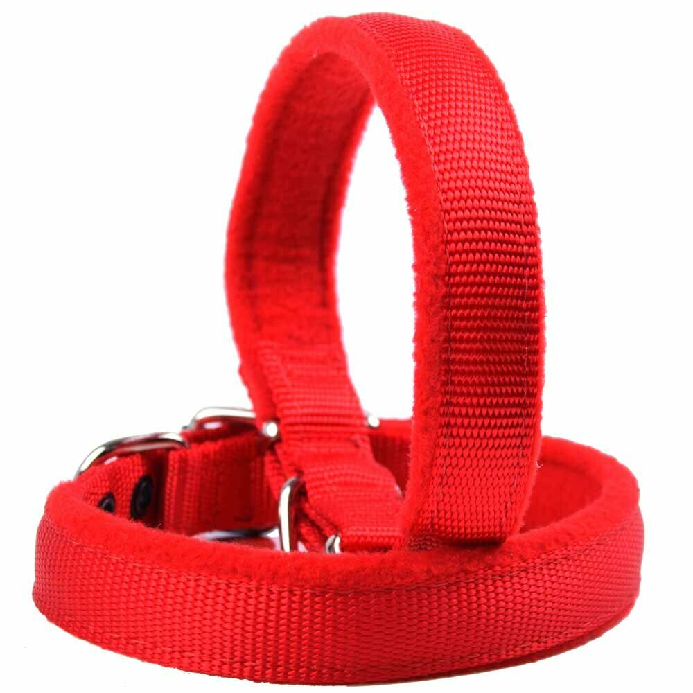 Sehr robustes und kuschelweiches Hundehalsband aus rotem Super Premium Gewebe mit flauschiger Polsterung