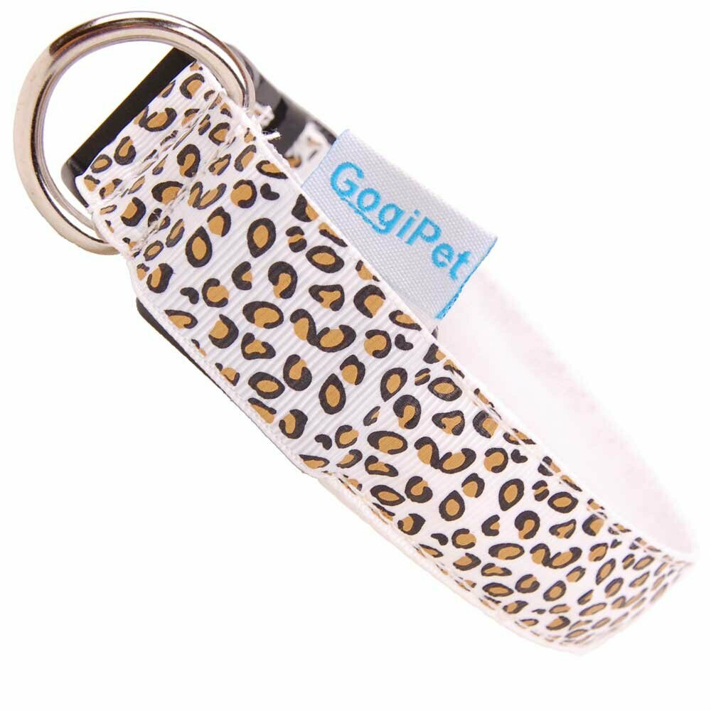 Flash Blinklicht Hundehalsband von GogiPet ® mit Leuchteffekt oder Blinklicht - weißer Leopard