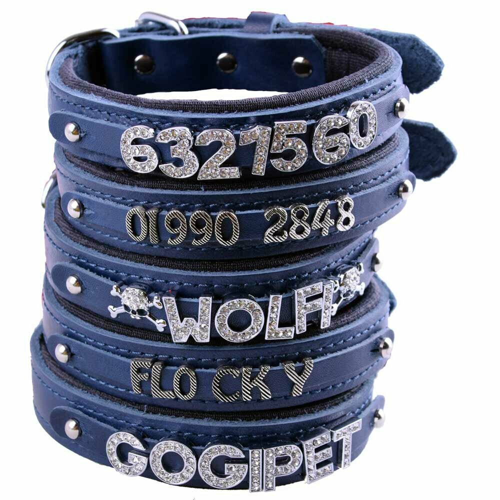 Blaue Echtleder Hundehalsbänder zum selbst Gestalten mit Buchstaben und Zahlen als Namenshalsbänder