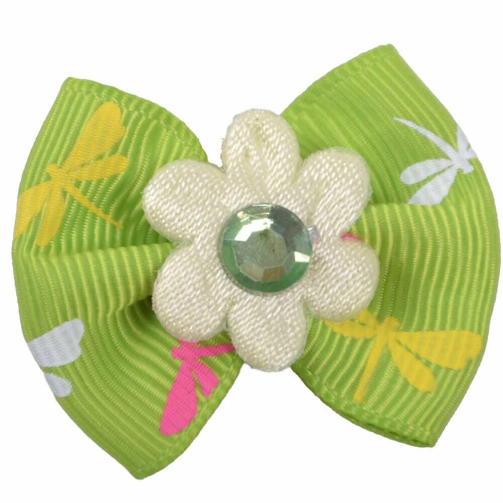 Handgemachte Haarmasche grün mit Libellen, Blume und Glitzerstein von GogiPet®