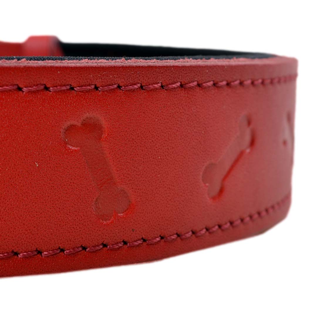 Weich gepolstertes, rotes Hundehalsband mit 3D Knochen