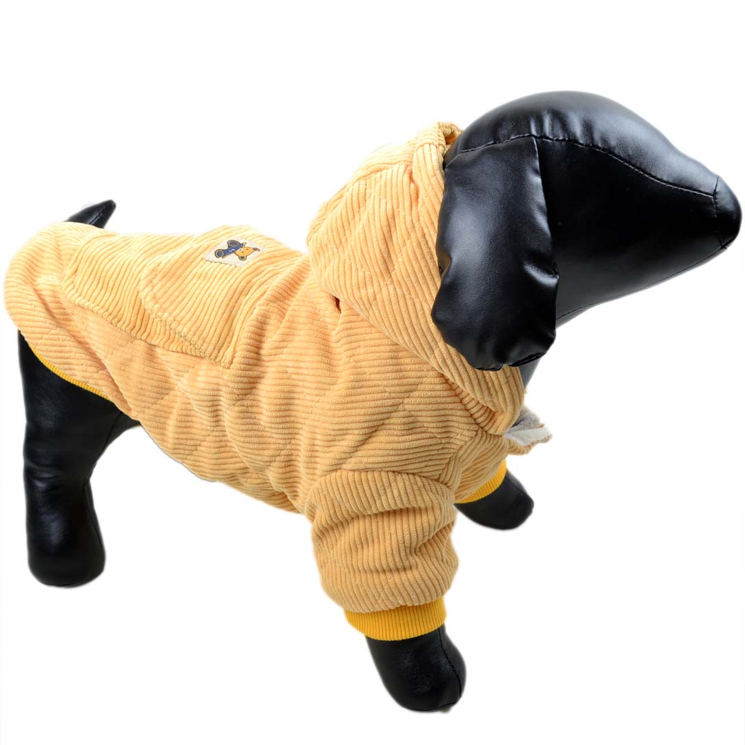 Warme Cord Hundejacke gelb mit Kapuze - Hundebekleidung