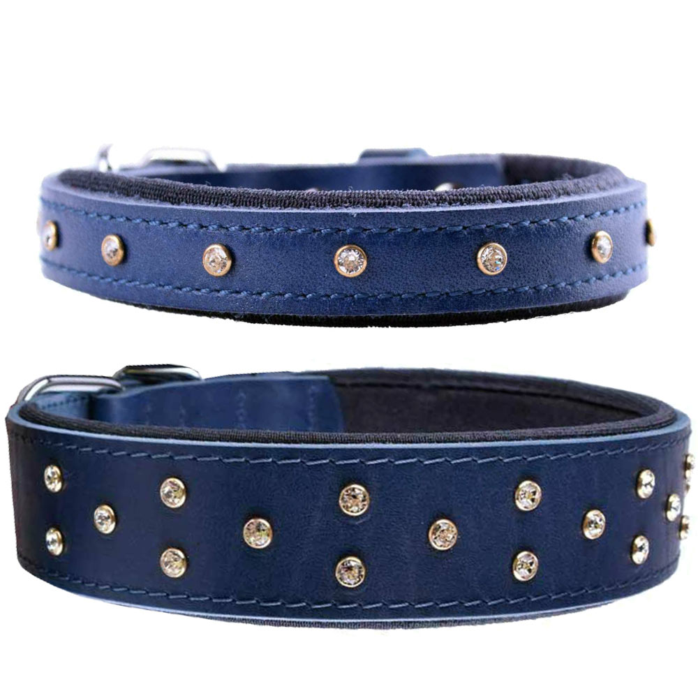 Handgemachte Swarovski Komfort Lederhundehalsband blau mit Swarovski Kristallen