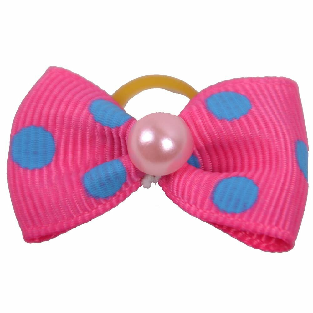 Handgemachte Hundemasche rosa mit blauen Tupfen und Perle von GogiPet®