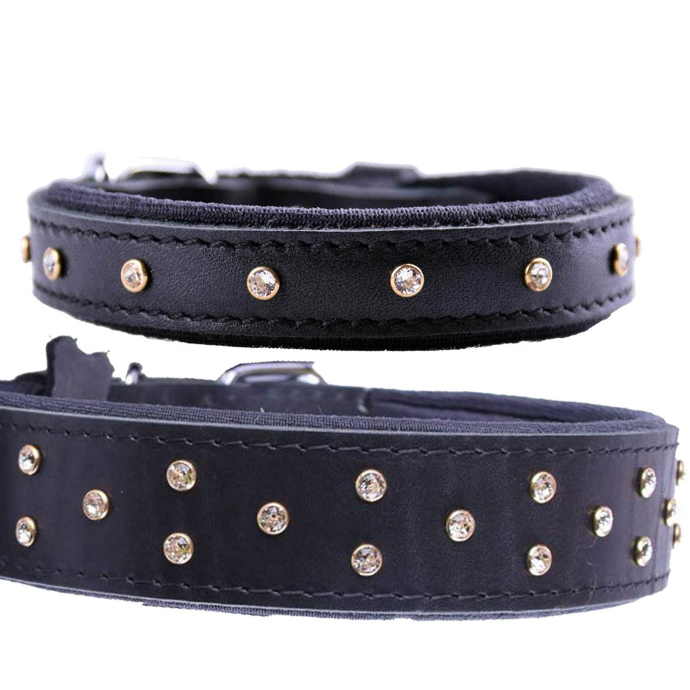 Handgemachte Swarovski Komfort Lederhundehalsband schwarz mit Swarovski Kristallen