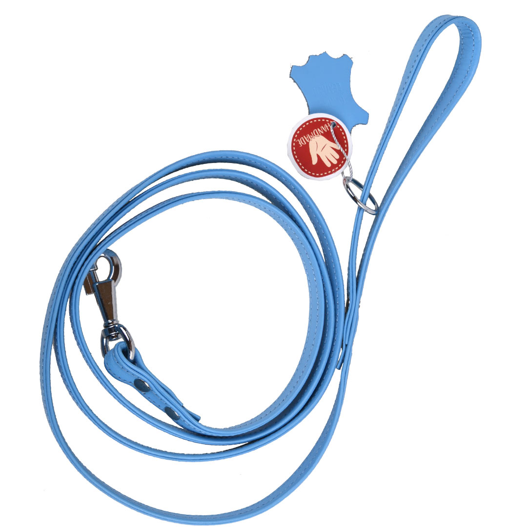 Handgemachte, hellblaue Floaterleder Hundeleine mit Metallring für den Kotbeutelspender