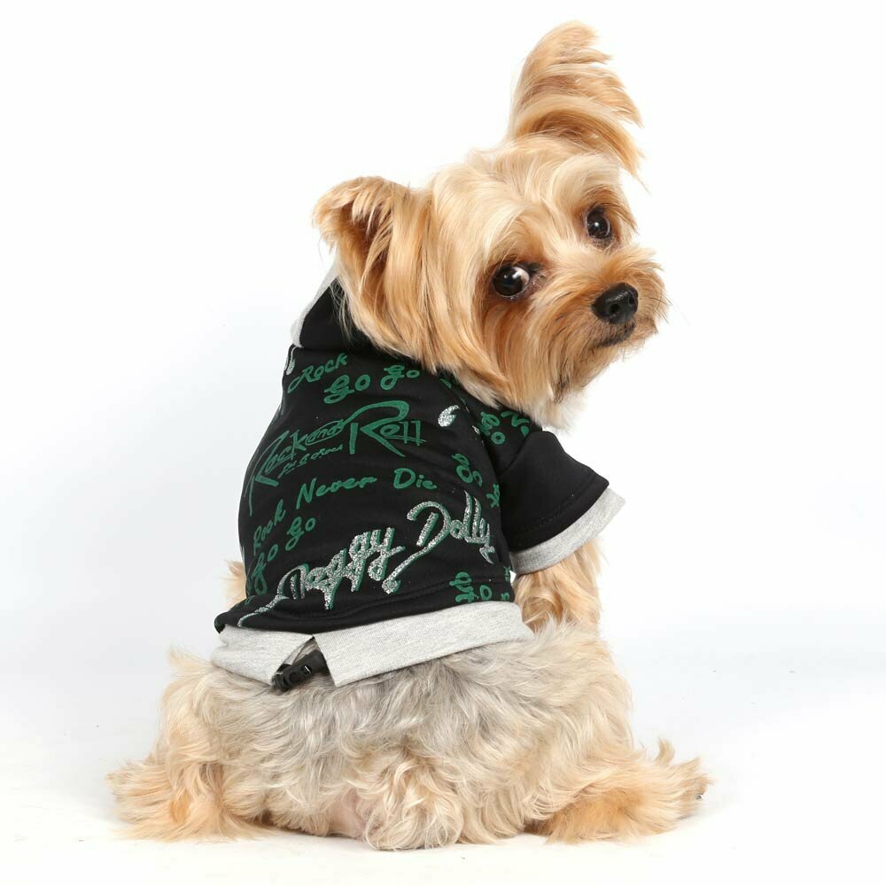 Rock and Roll Hundepullover schwarz mit grüner Schrift